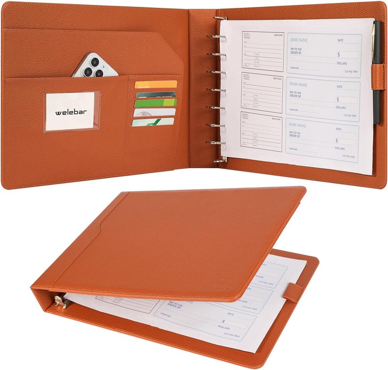 welebar 7-Ring Business Check Binder for 9 x 13 Sheets, 600 Checks Capacity PU Leather Portfolio with Storage Organizer & Zippered Pouch for 3-on-a-Page Business Checks - Image 1
